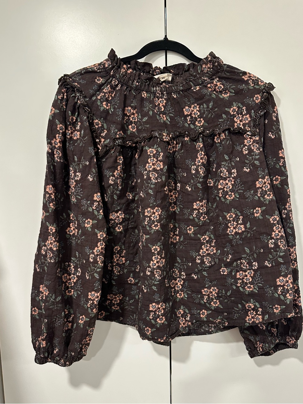 Women's  XXL A.N.A.Floral Ruffle Neck Blouse - Brown with Pink Floral